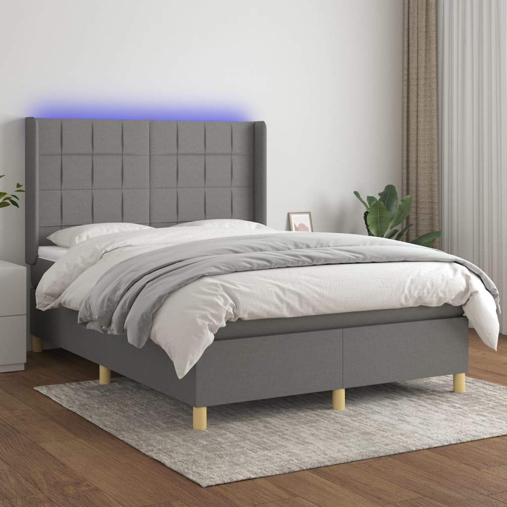 Pat cu arcuri, saltea și LED, gri închis, 140x190 cm, textil GartenMobel Dekor