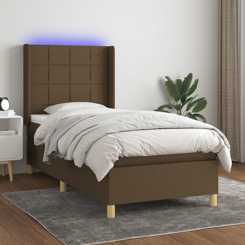 Pat cu arcuri, saltea și LED, maro închis, 100x200 cm, textil GartenMobel Dekor