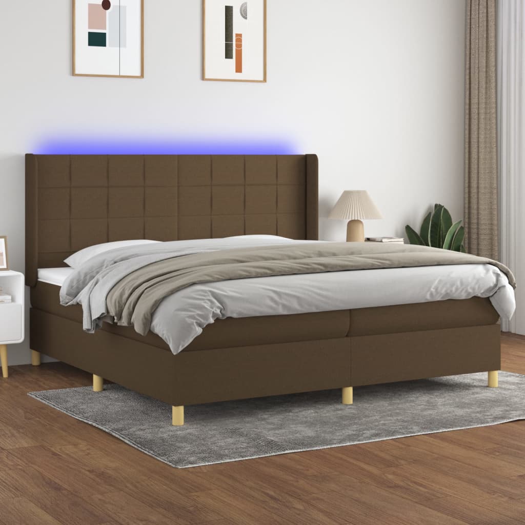Pat cu arcuri, saltea și LED, maro închis, 200x200 cm, textil GartenMobel Dekor