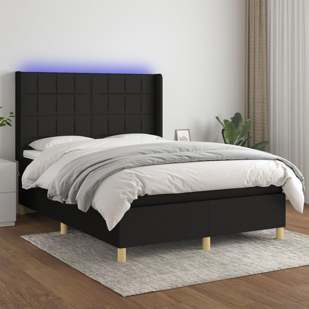 Pat cu arcuri, saltea și LED, negru, 140x200 cm, textil GartenMobel Dekor