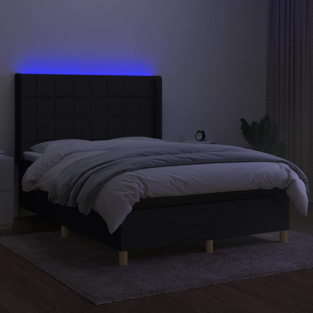 Pat cu arcuri, saltea și LED, negru, 140x200 cm, textil GartenMobel Dekor