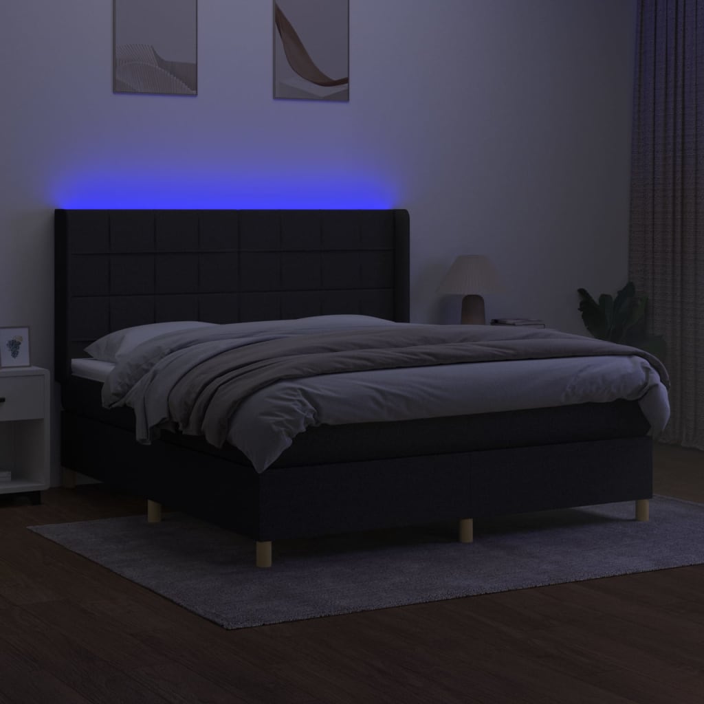 Pat cu arcuri, saltea și LED, negru, 160x200 cm, textil GartenMobel Dekor