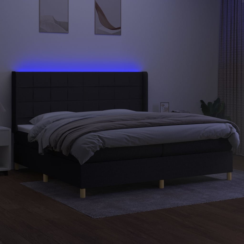 Pat cu arcuri, saltea și LED, negru, 200x200 cm, textil GartenMobel Dekor