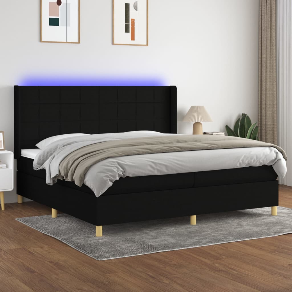 Pat cu arcuri, saltea și LED, negru, 200x200 cm, textil GartenMobel Dekor