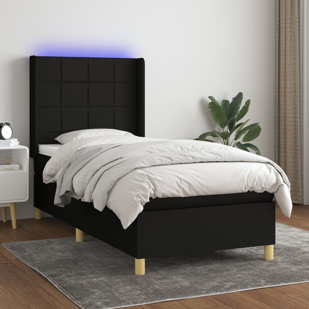 Pat cu arcuri, saltea și LED, negru, 80x200 cm, textil GartenMobel Dekor
