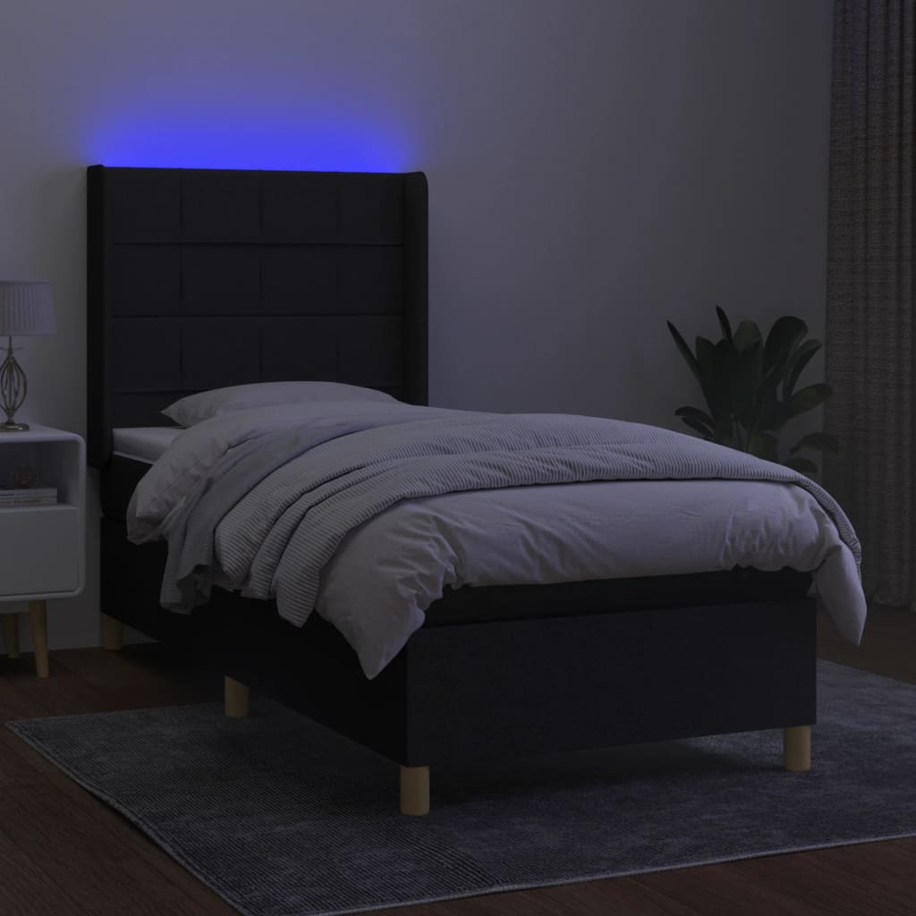 Pat cu arcuri, saltea și LED, negru, 90x200 cm, textil GartenMobel Dekor