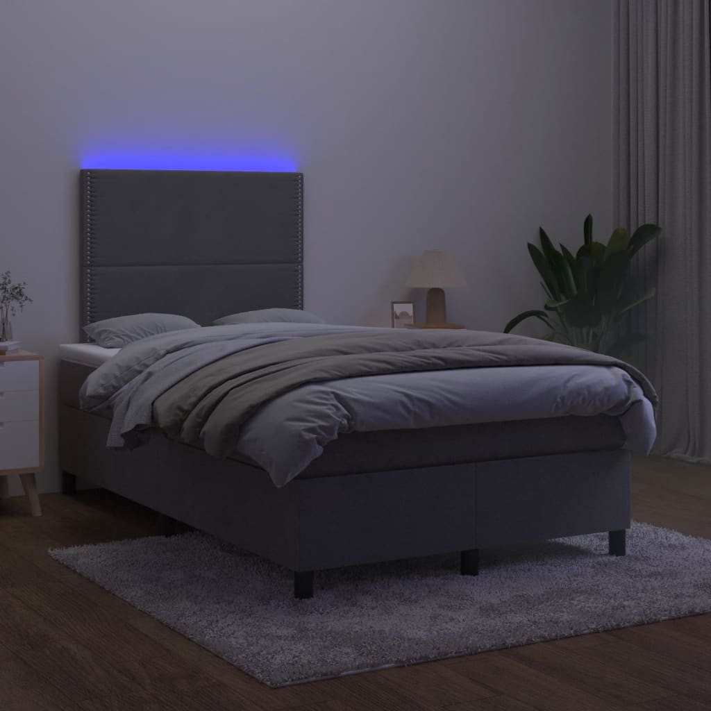 Pat cu arcuri, saltea și LED, gri închis, 120x190 cm, catifea GartenMobel Dekor
