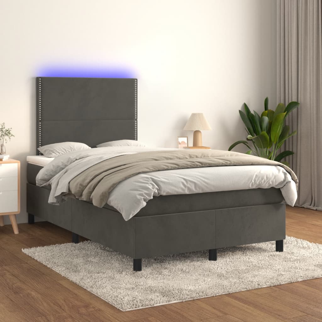 Pat cu arcuri, saltea și LED, gri închis, 120x190 cm, catifea GartenMobel Dekor