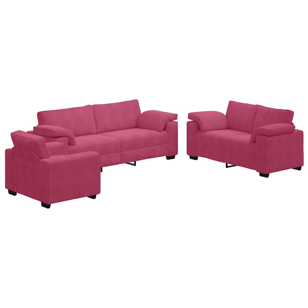 Set canapea cu perne, 3 piese, roșu vin, catifea GartenMobel Dekor