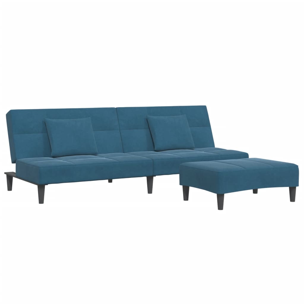 Canapea extensibilă cu 2 locuri și taburet, albastru, catifea GartenMobel Dekor