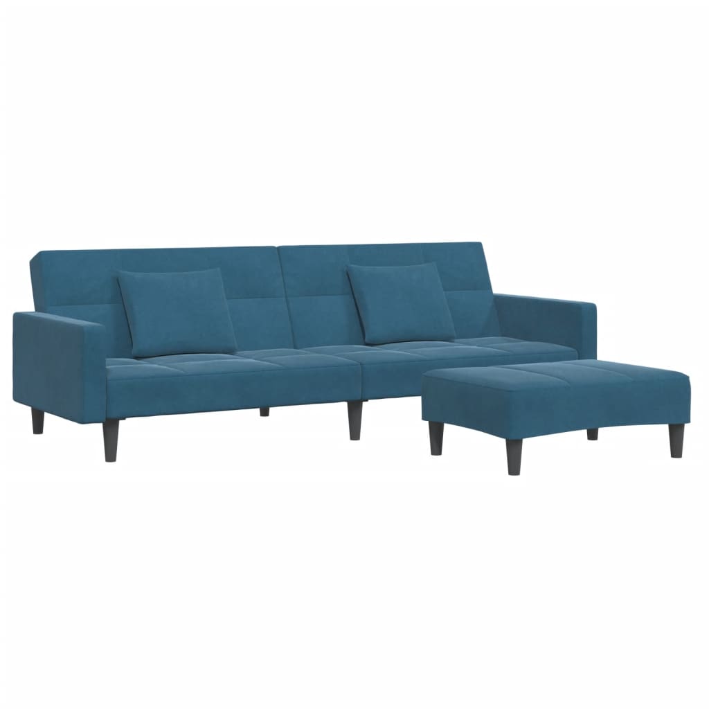 Canapea extensibilă cu 2 locuri și taburet, albastru, catifea GartenMobel Dekor