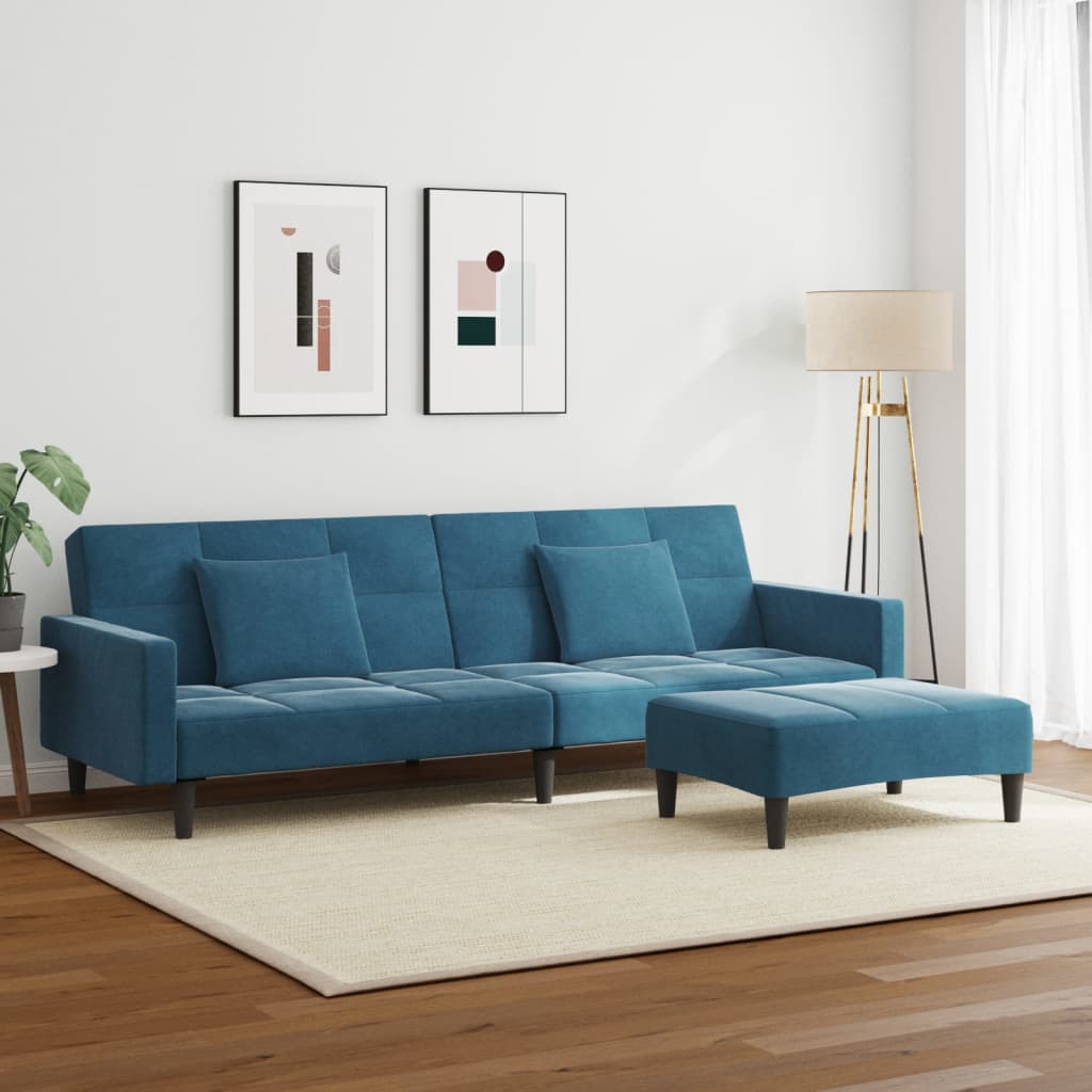 Canapea extensibilă cu 2 locuri și taburet, albastru, catifea GartenMobel Dekor