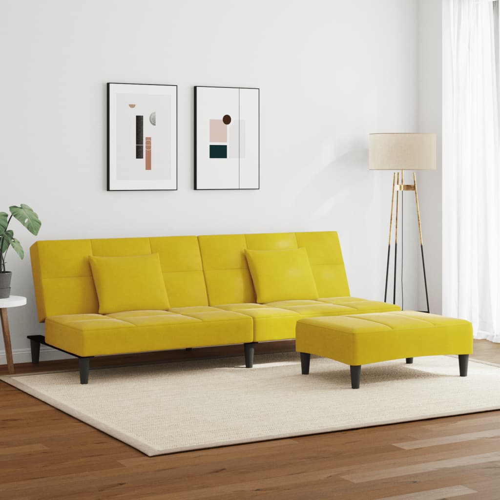 Canapea extensibilă cu taburet, 2 locuri, galben, catifea GartenMobel Dekor