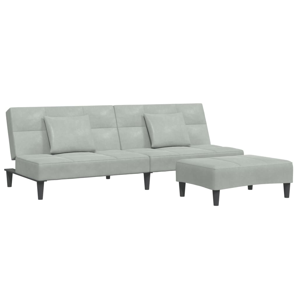 Canapea extensibilă cu taburet, 2 locuri, gri deschis, catifea GartenMobel Dekor