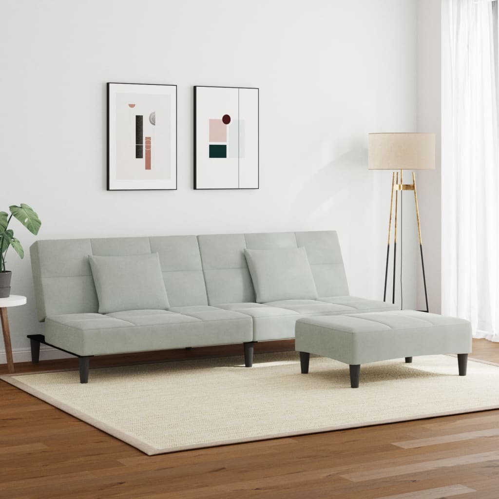 Canapea extensibilă cu taburet, 2 locuri, gri deschis, catifea GartenMobel Dekor