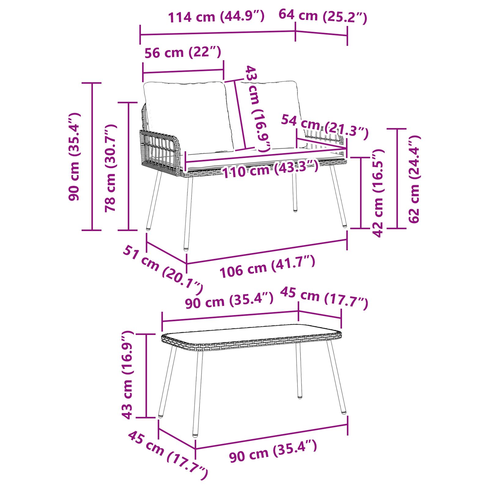 Set de Dining pentru Grădină cu 2 Piese cu Perne Negru Rattan Polietilenă GartenMobel Dekor