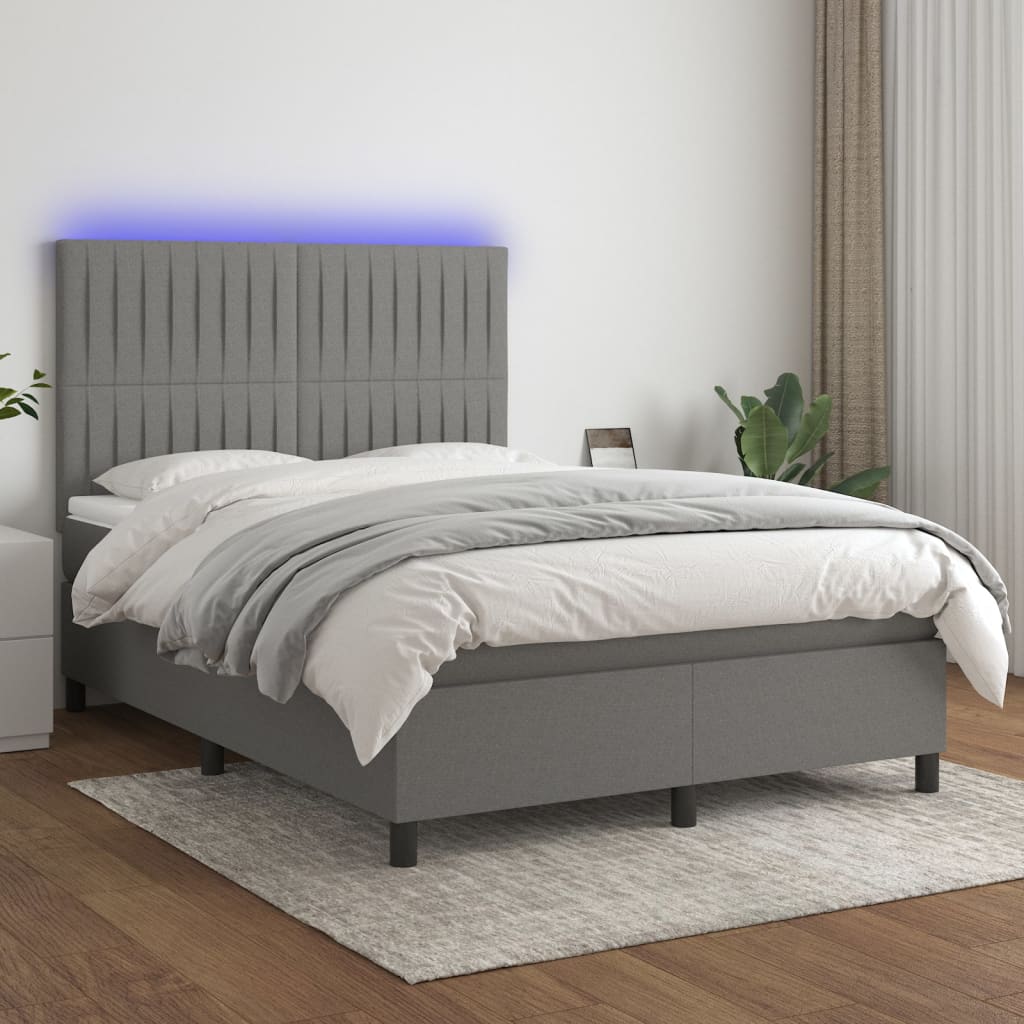 Pat cu arcuri, saltea și LED, gri închis, 140x190 cm, textil GartenMobel Dekor