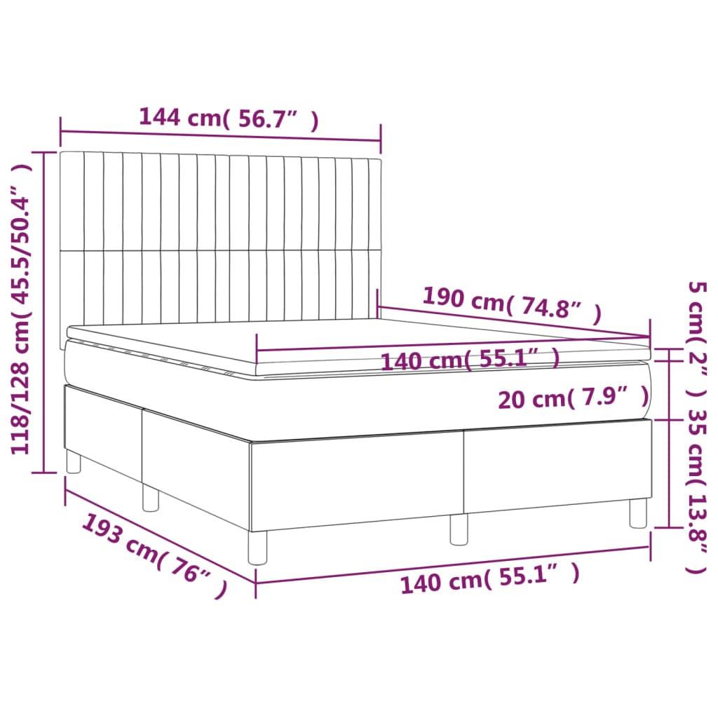 Pat cu arcuri, saltea și LED, gri închis, 140x190 cm, textil GartenMobel Dekor