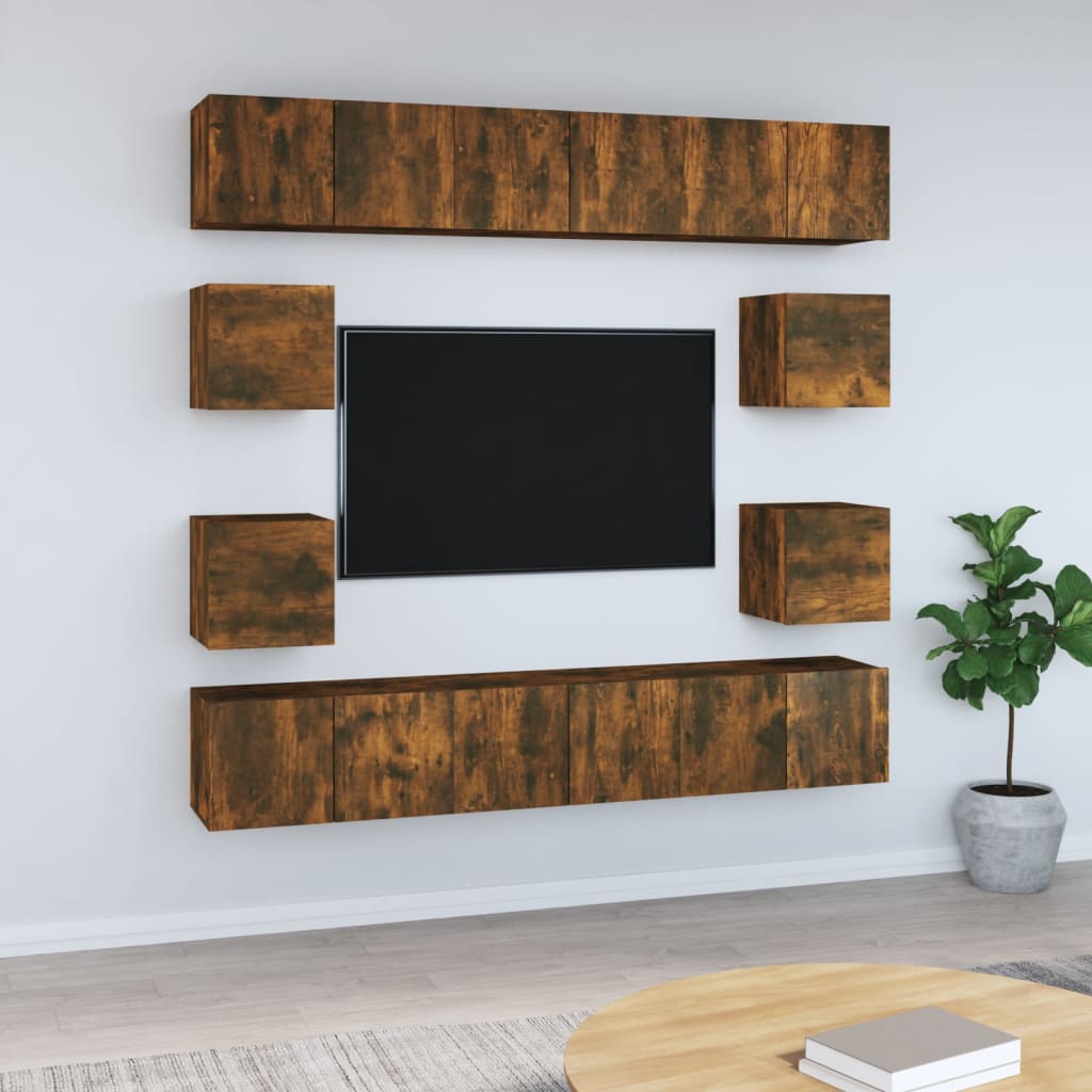 Set dulapuri TV, 10 piese, stejar fumuriu, lemn prelucrat GartenMobel Dekor