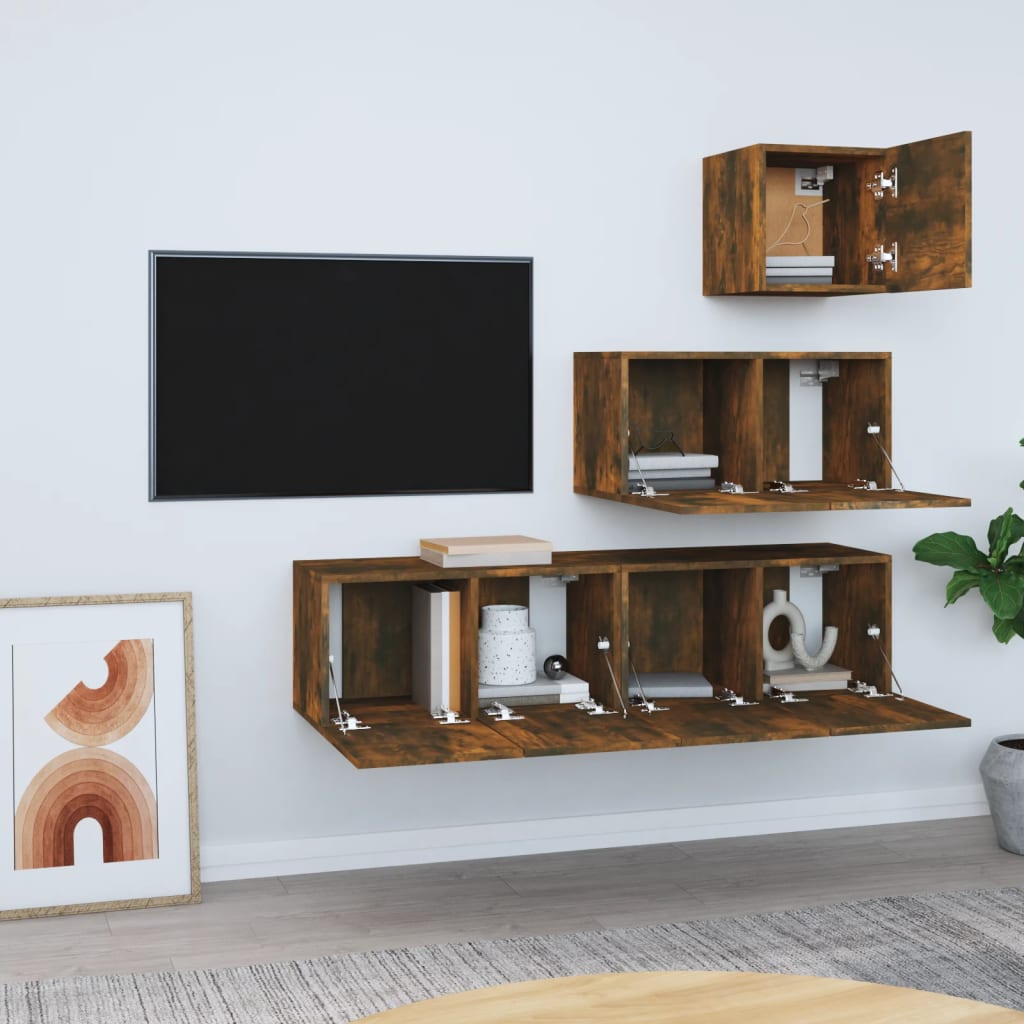 Set dulapuri TV, 4 piese, stejar fumuriu, lemn prelucrat GartenMobel Dekor
