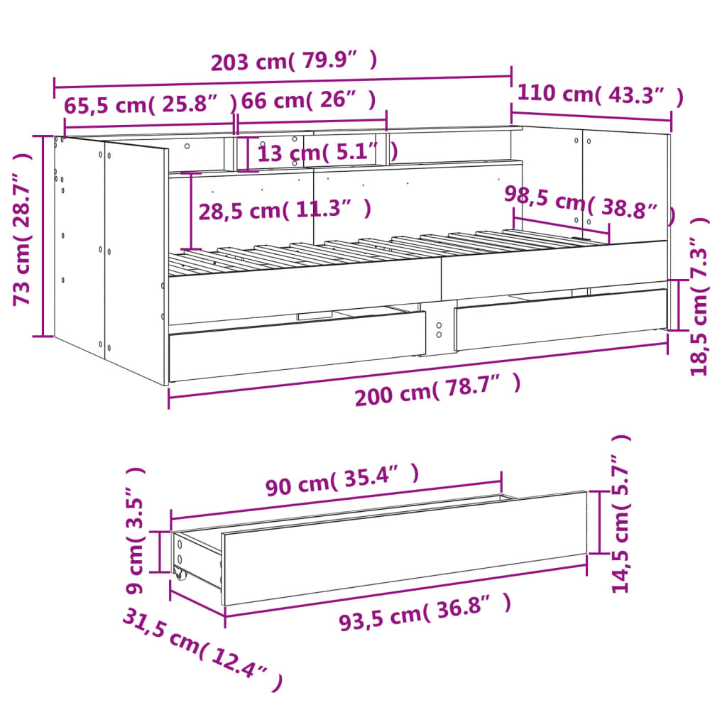 Pat de zi cu sertare fără saltea, gri beton, 100x200 cm GartenMobel Dekor