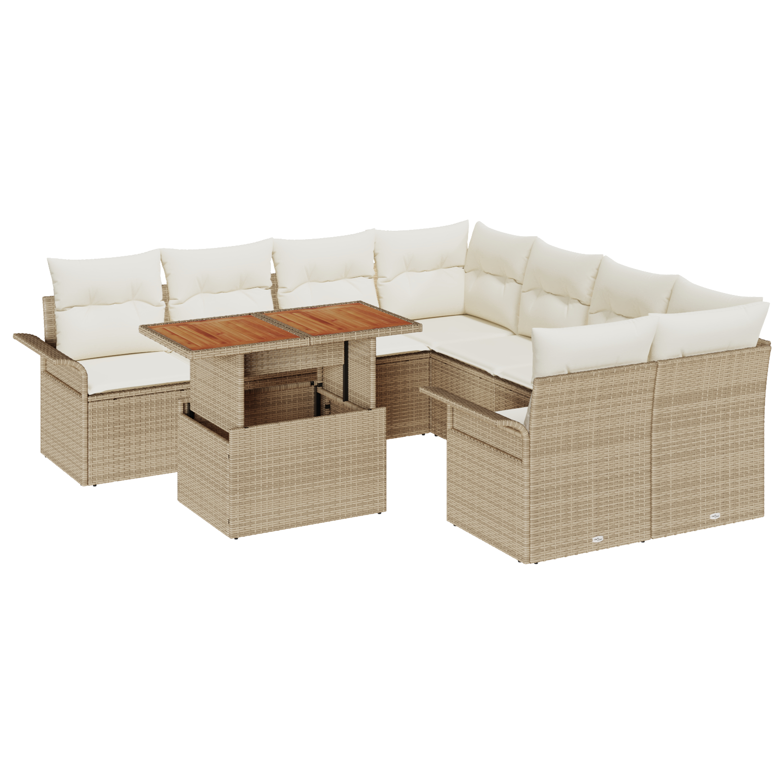 Set de 9 Piese de Sofa pentru Grădină cu Perne Bej Ratan Poly, Sofa pentru Grădină cu 2 Locuri cu Spațiu de Depozitare & Perne Bej Ratan Poly GartenMobel Dekor