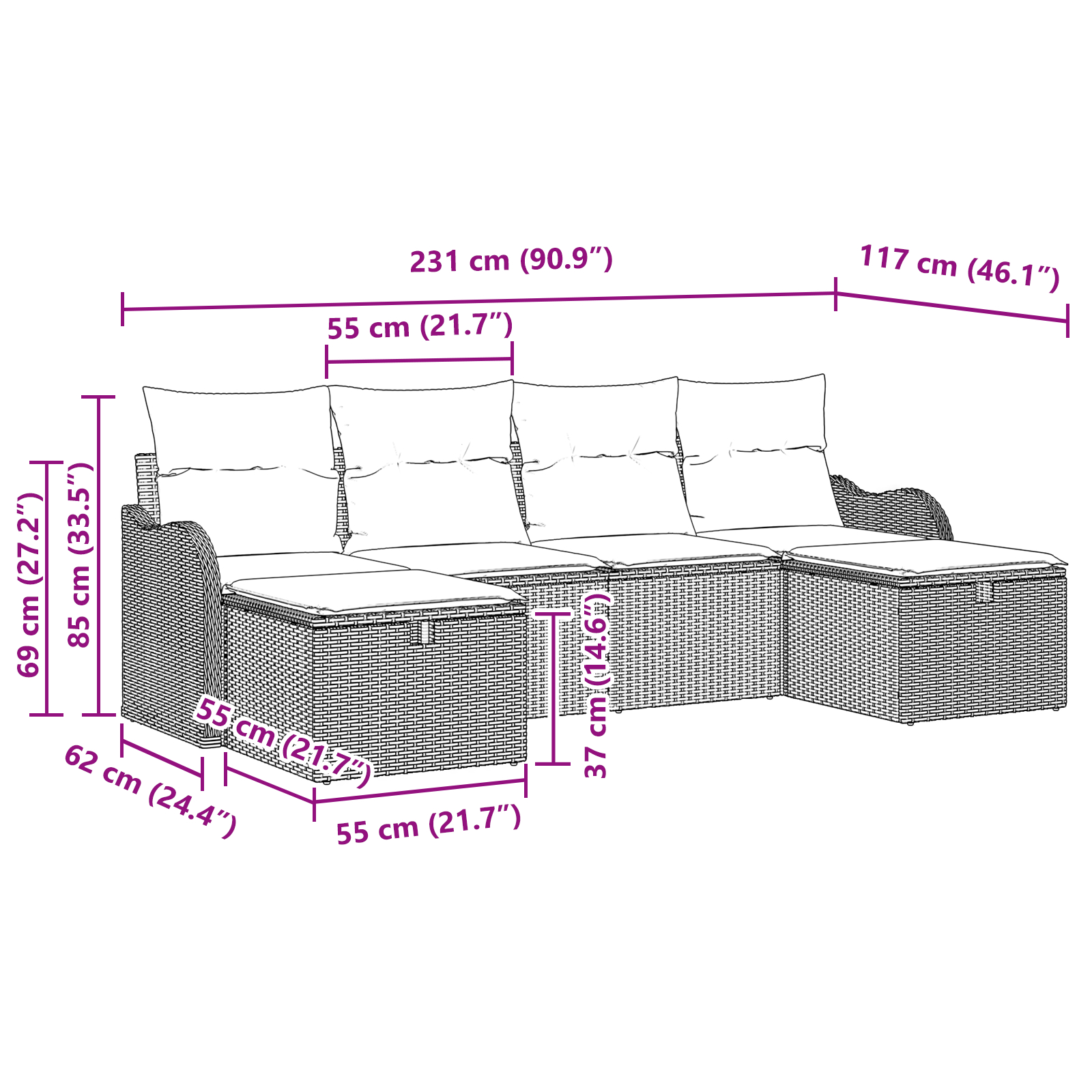 Set canapea grădină 6 piese cu perne Bej Poly Rattan, Canapea grădină 2 locuri cu perne Bej Poly Rattan GartenMobel Dekor