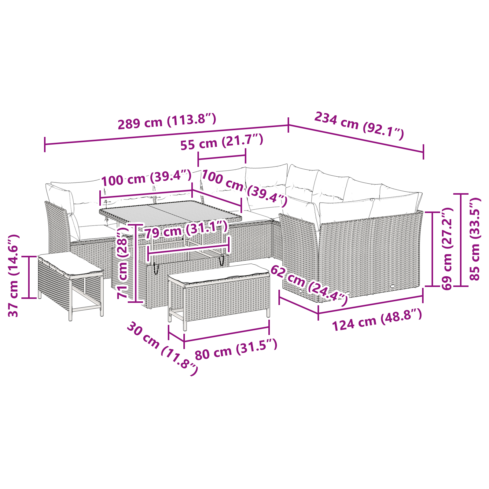 Set canapea 12 piese și perne gri din poliratan și acacia, Set dining 3 piese și perne gri din poliratan și acacia GartenMobel Dekor