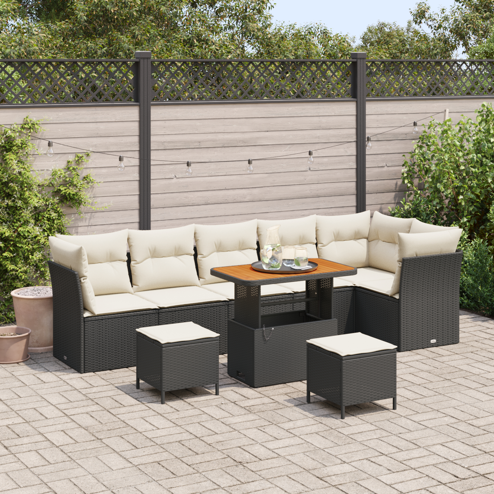 Set de Canapea pentru Grădină cu 9 Piese cu Perne Negru Ratan Poliester Acacia, Set de Dining pentru Grădină cu 3 Piese cu Perne Negru Ratan Poliester Acacia GartenMobel Dekor