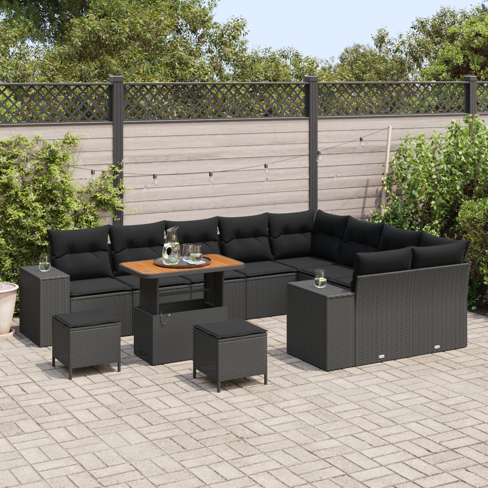 Set Canapea Grădină cu 12 Piese cu Perne Negru Poliratan Acacia, Set de Dining Grădină cu 3 Piese cu Perne Negru Poliratan Acacia GartenMobel Dekor