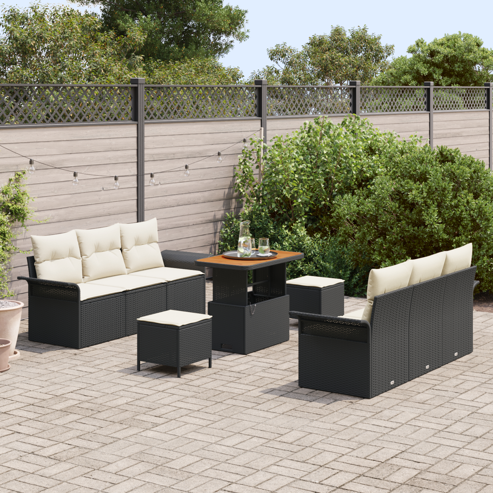Set de Sofa pentru Grădină 9 Piese cu Perne Ratan Polimer Negru Acacia, Sofa de Grădină cu 2 Locuri cu Perne Ratan Polimer Negru, Set de Dining Grădină 3 Piese cu Perne Ratan Polimer Negru Acacia GartenMobel Dekor