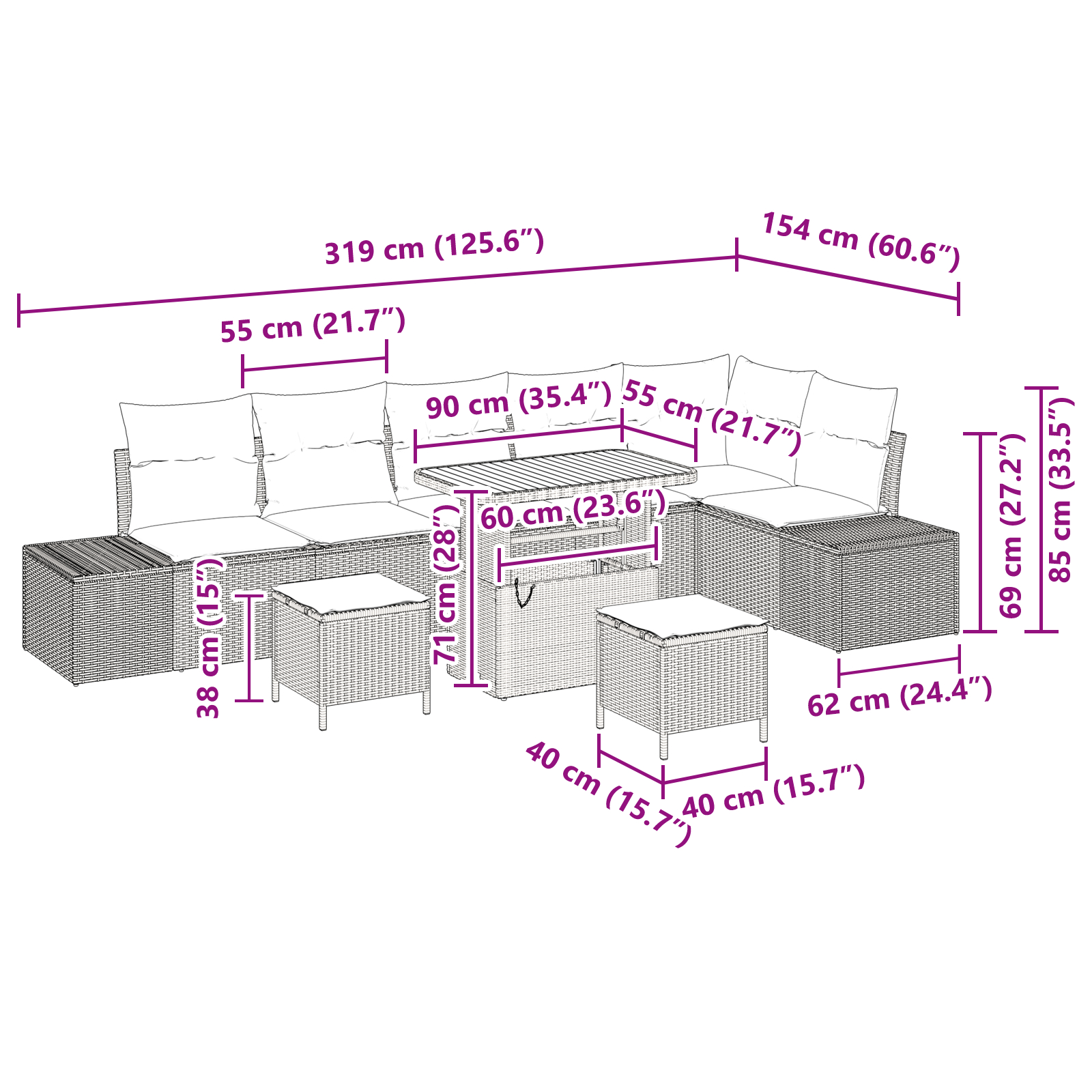 Set canapea grădină 9 piese cu perne poliratan negru, acacia, Canapea grădină 2 locuri și perne poliratan negru, Set dining grădină 3 piese și perne poliratan negru, acacia GartenMobel Dekor