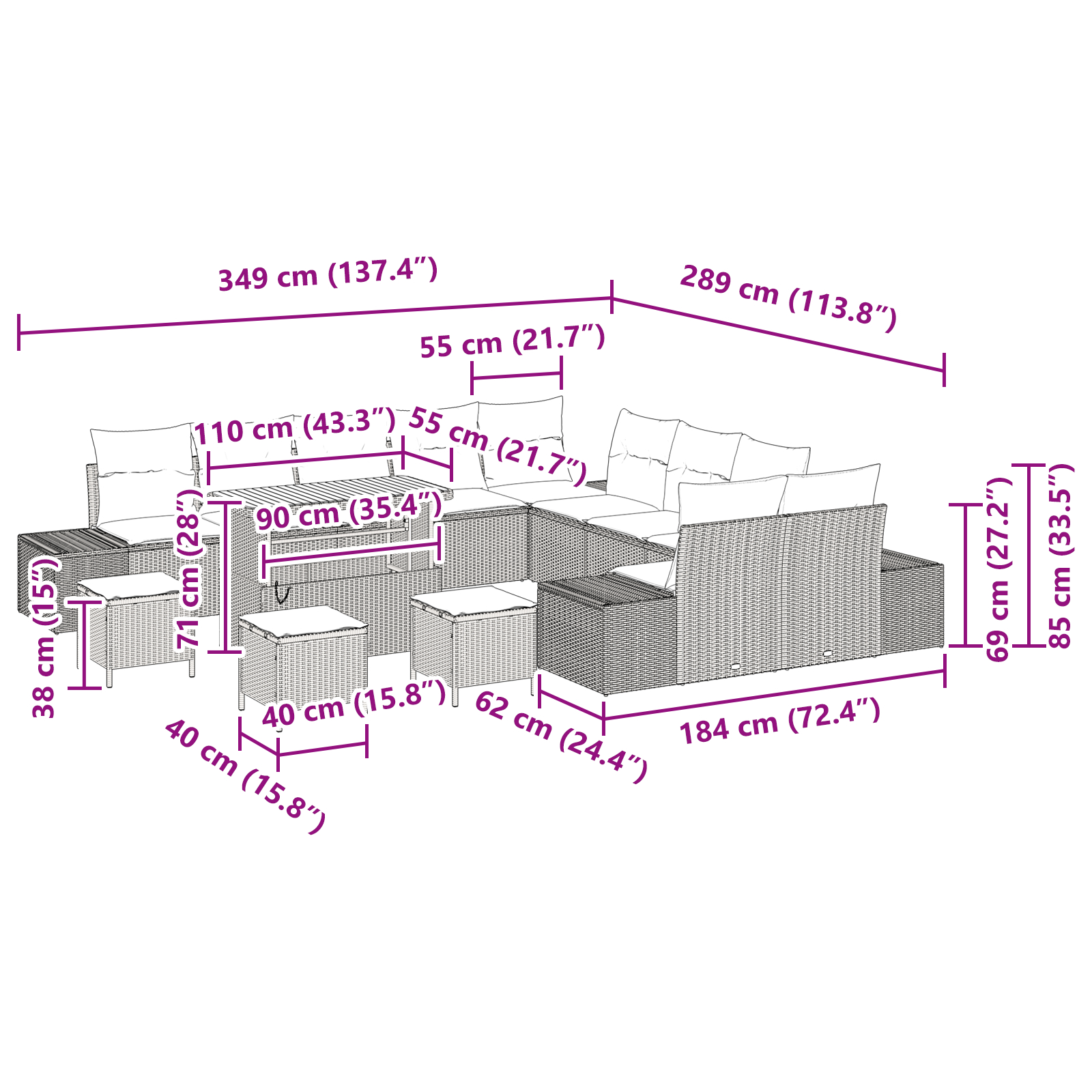 Set de canapele vieXL de 14 piese cu perne Negru Poliratan Acacia, Canapea de grădină vieXL cu 2 locuri cu perne Negru Poliratan, Set de dining pentru grădină vieXL de 4 piese cu perne Negru Poliratan Acacia GartenMobel Dekor