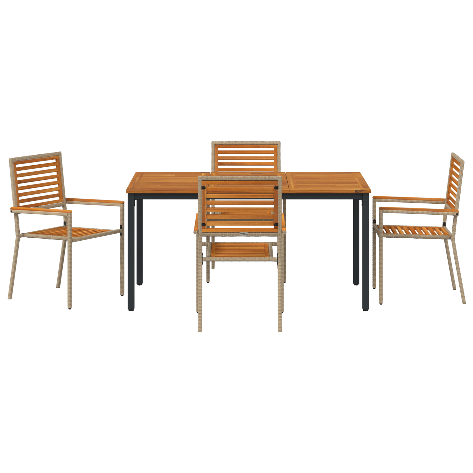Set de dining 5 piese pentru grădină Bej Poliratan Acacia,  Scaune de grădină stivuibile cu perne - Set de 2 în Bej Poliratan,  Masă de grădină 150x90x75 cm din lemn de acacia solid și metal GartenMobel Dekor