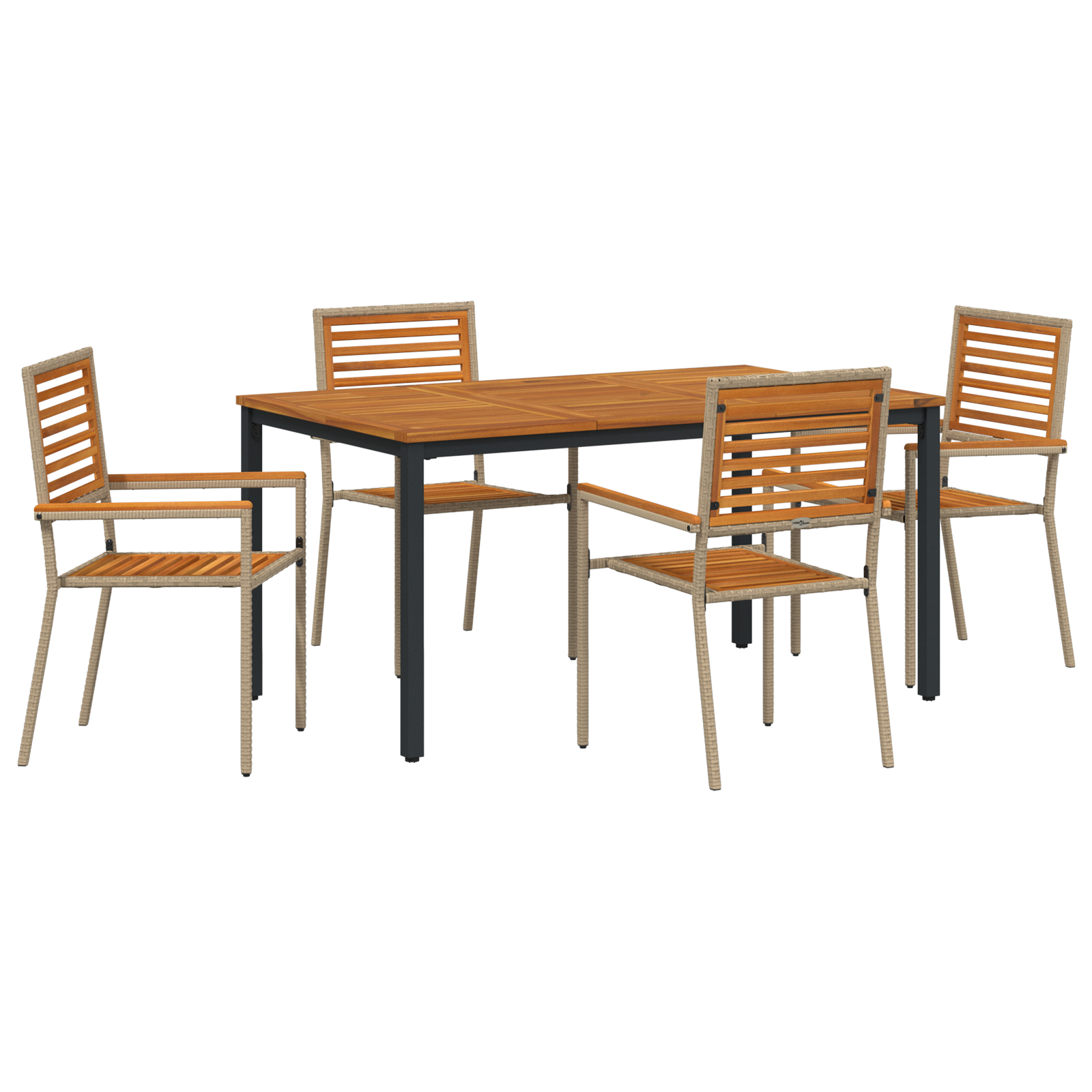 Set de dining 5 piese pentru grădină Bej Poliratan Acacia,  Scaune de grădină stivuibile cu perne - Set de 2 în Bej Poliratan,  Masă de grădină 150x90x75 cm din lemn de acacia solid și metal GartenMobel Dekor