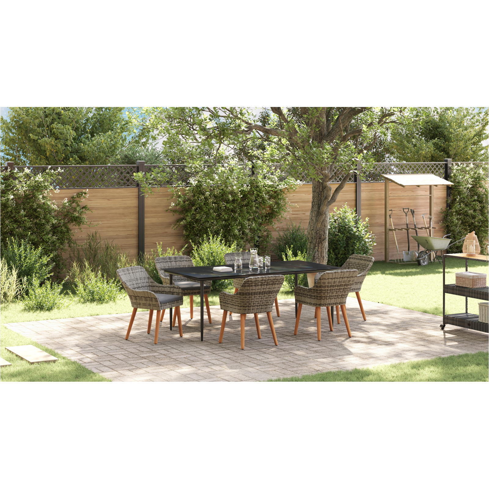 Set Dining Grădină 7 Piese Gri din Ratan Poliester GartenMobel Dekor