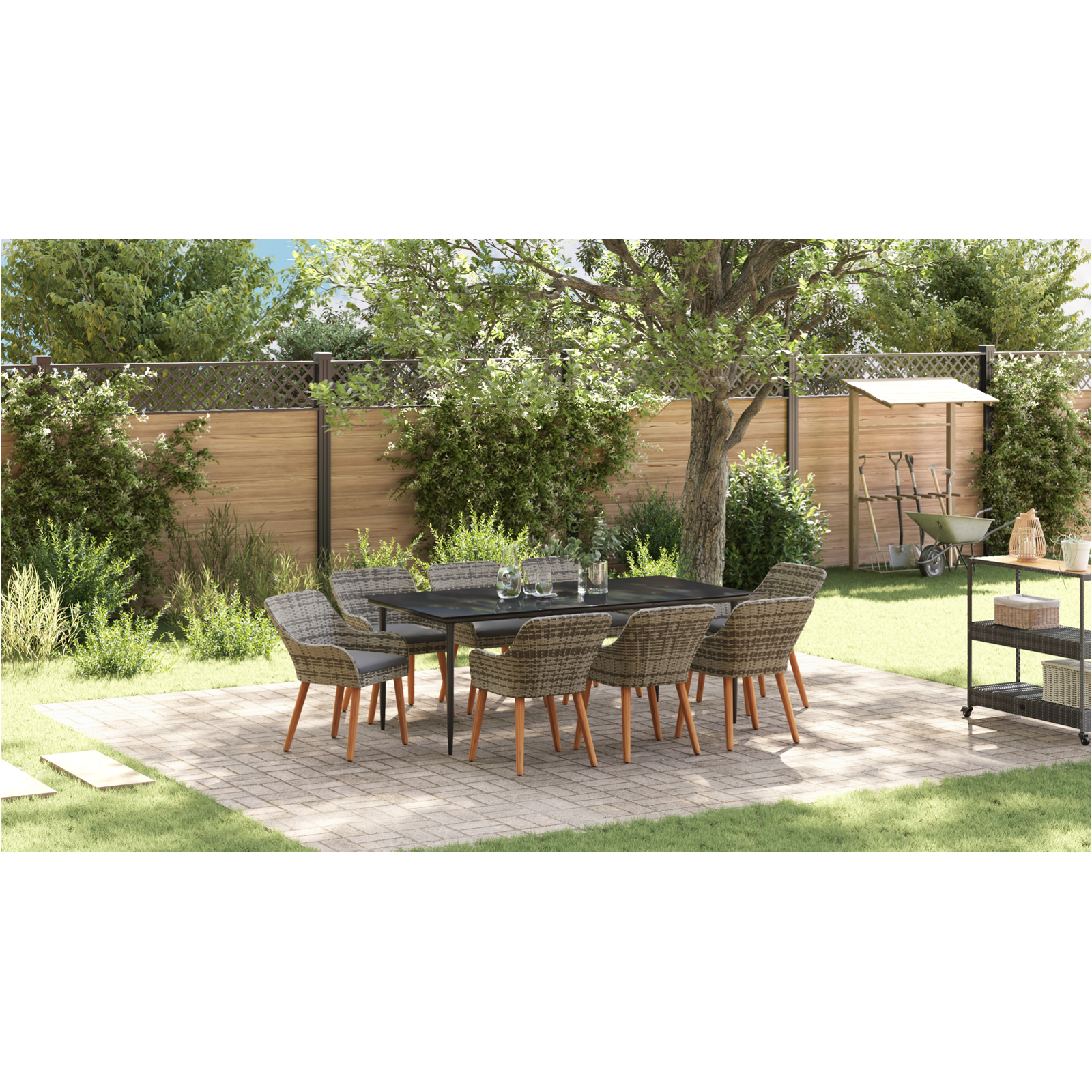 Set de Dining pentru Grădină cu 9 Piese Gri Ratan Poliester GartenMobel Dekor