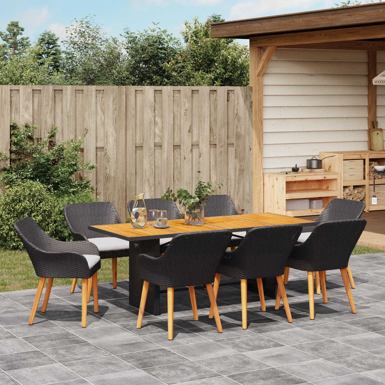 Set de mese pentru grădină 9 piese Ratan Poly Negru GartenMobel Dekor