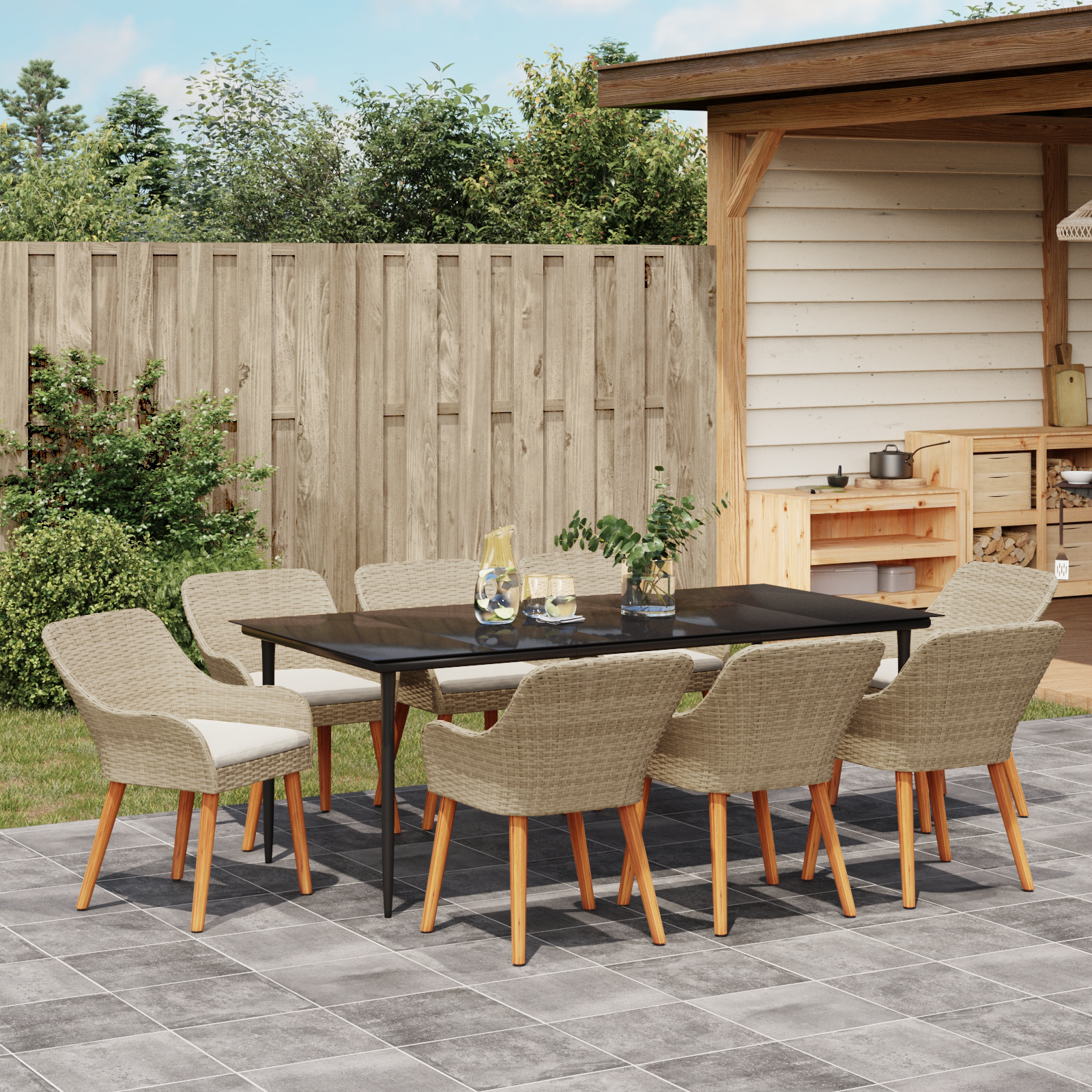 Set Dining Grădină 9 Piese Bej din Ratan Poly GartenMobel Dekor