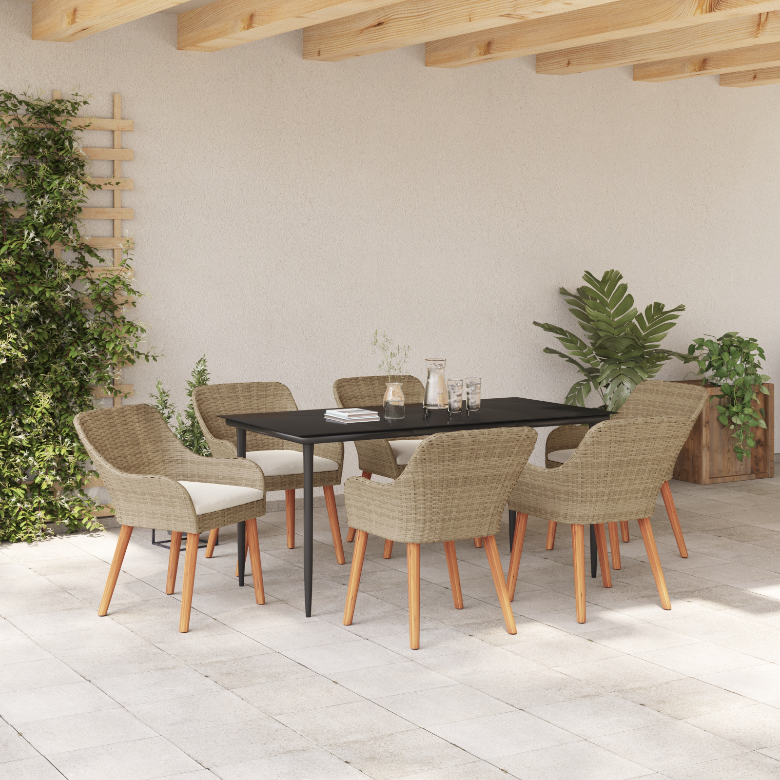 Set de dining pentru grădină 7 piese Bej Ratan Poly GartenMobel Dekor