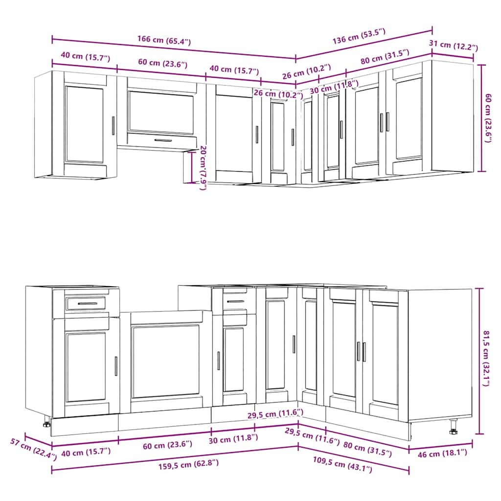 Set dulap de bucătărie 11 piese „Porto” stejar artizanal lemn GartenMobel Dekor