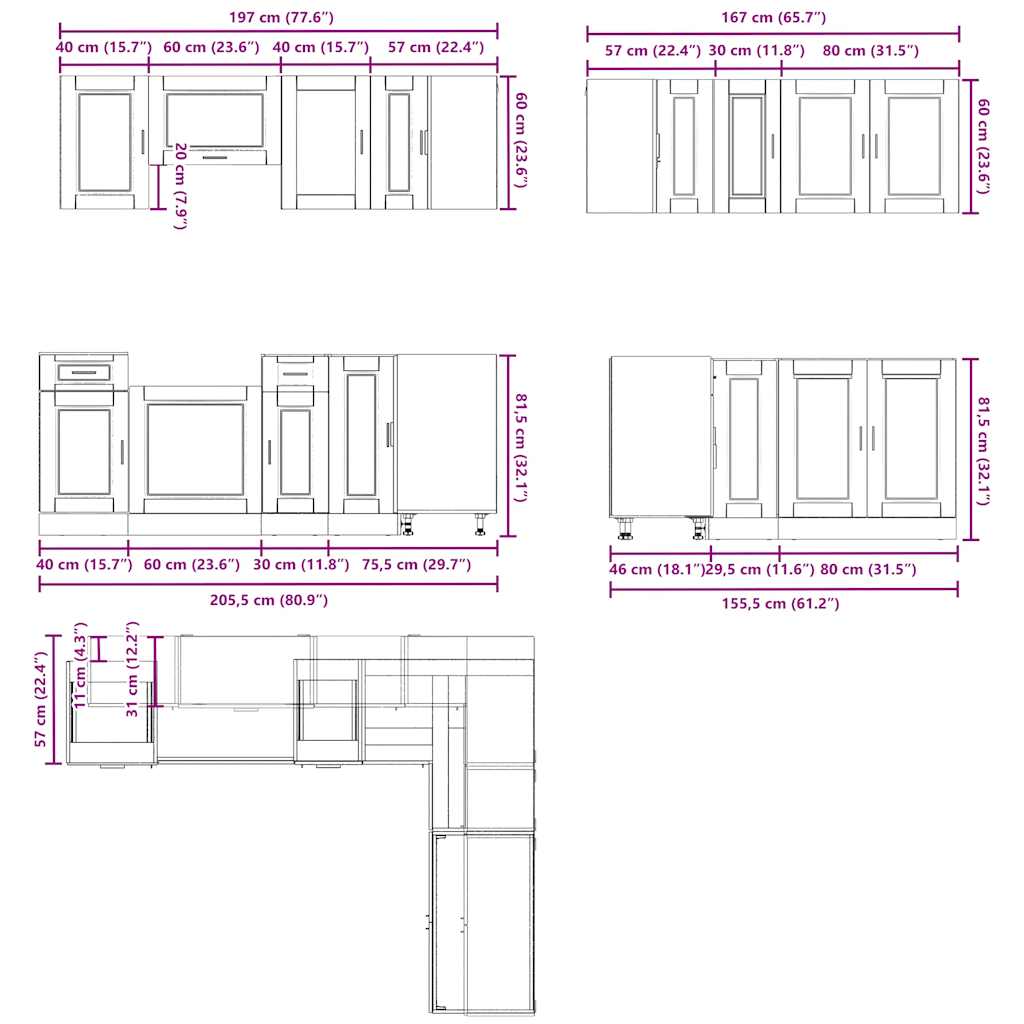 Set dulap de bucătărie 11 piese „Porto” stejar artizanal lemn GartenMobel Dekor