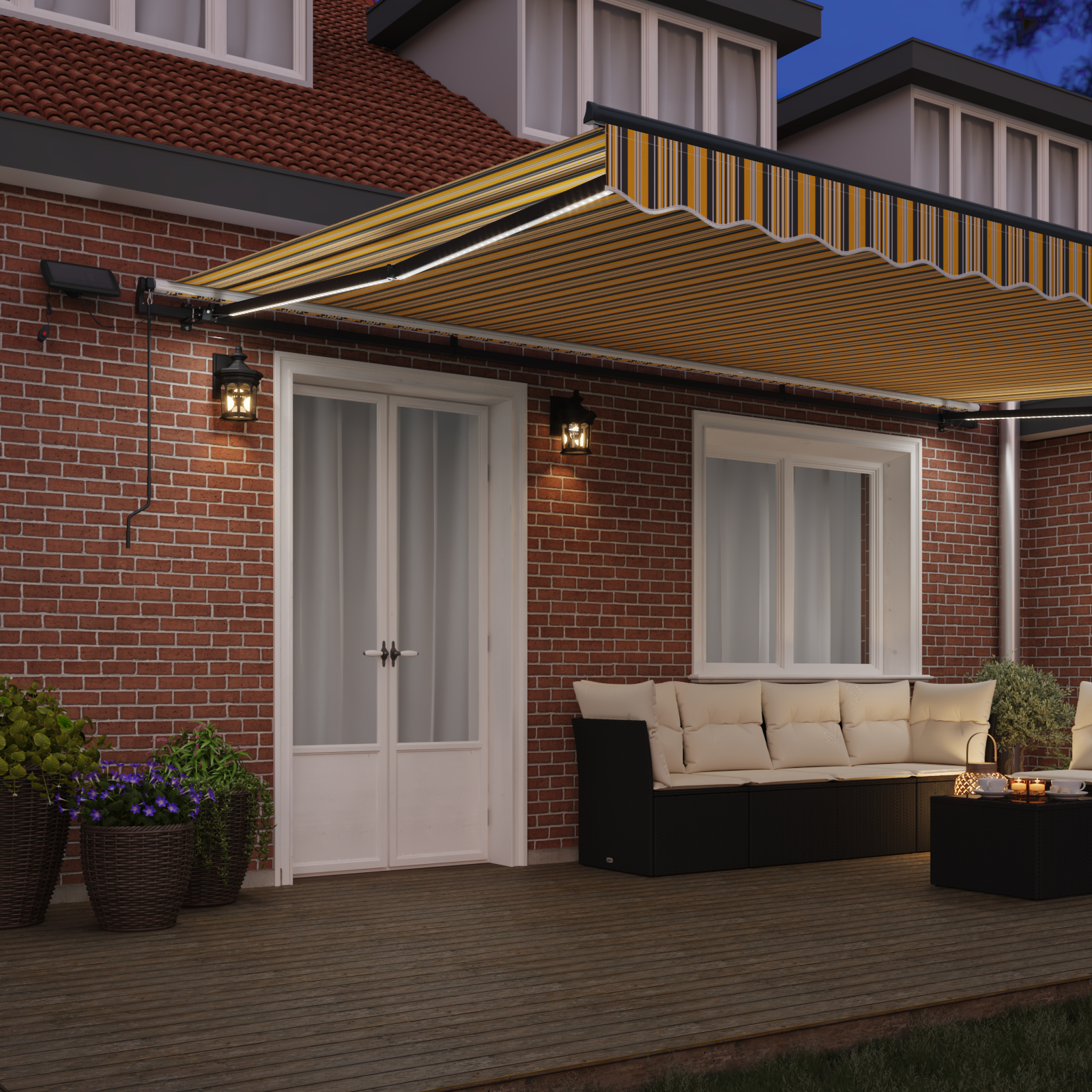Marchiză Retractabilă Manuală cu Dungi Multicolore LED 500x300 cm. GartenMobel Dekor