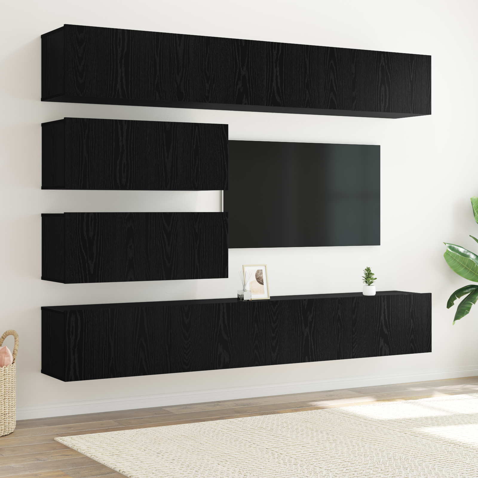 Set de 10 Piese pentru Cabinet TV - Montat pe Perete din Lemn Prelucrat Stejar Negru GartenMobel Dekor