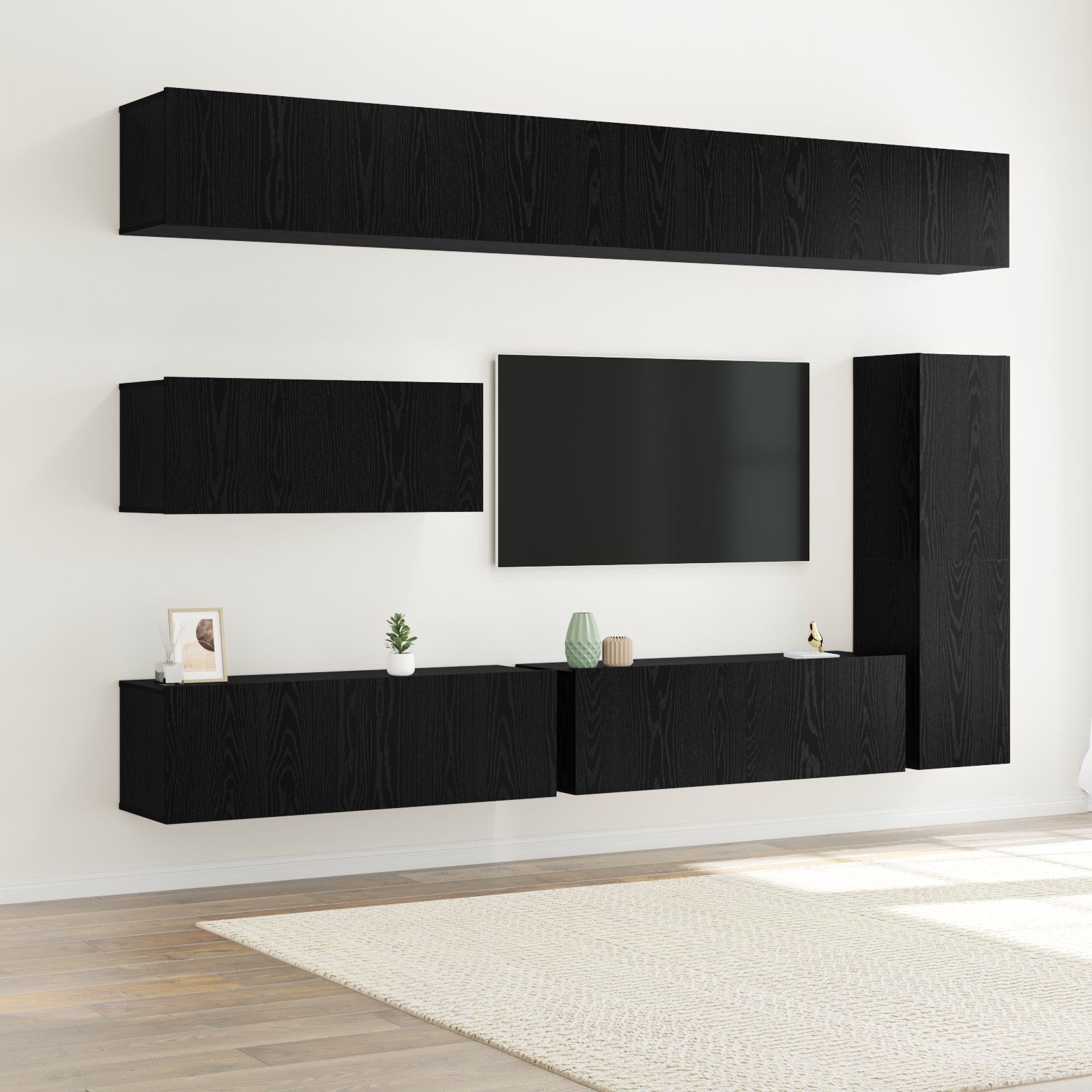 Set dulap TV de 7 piese montat pe perete Stejar Negru Lemn prelucrat GartenMobel Dekor