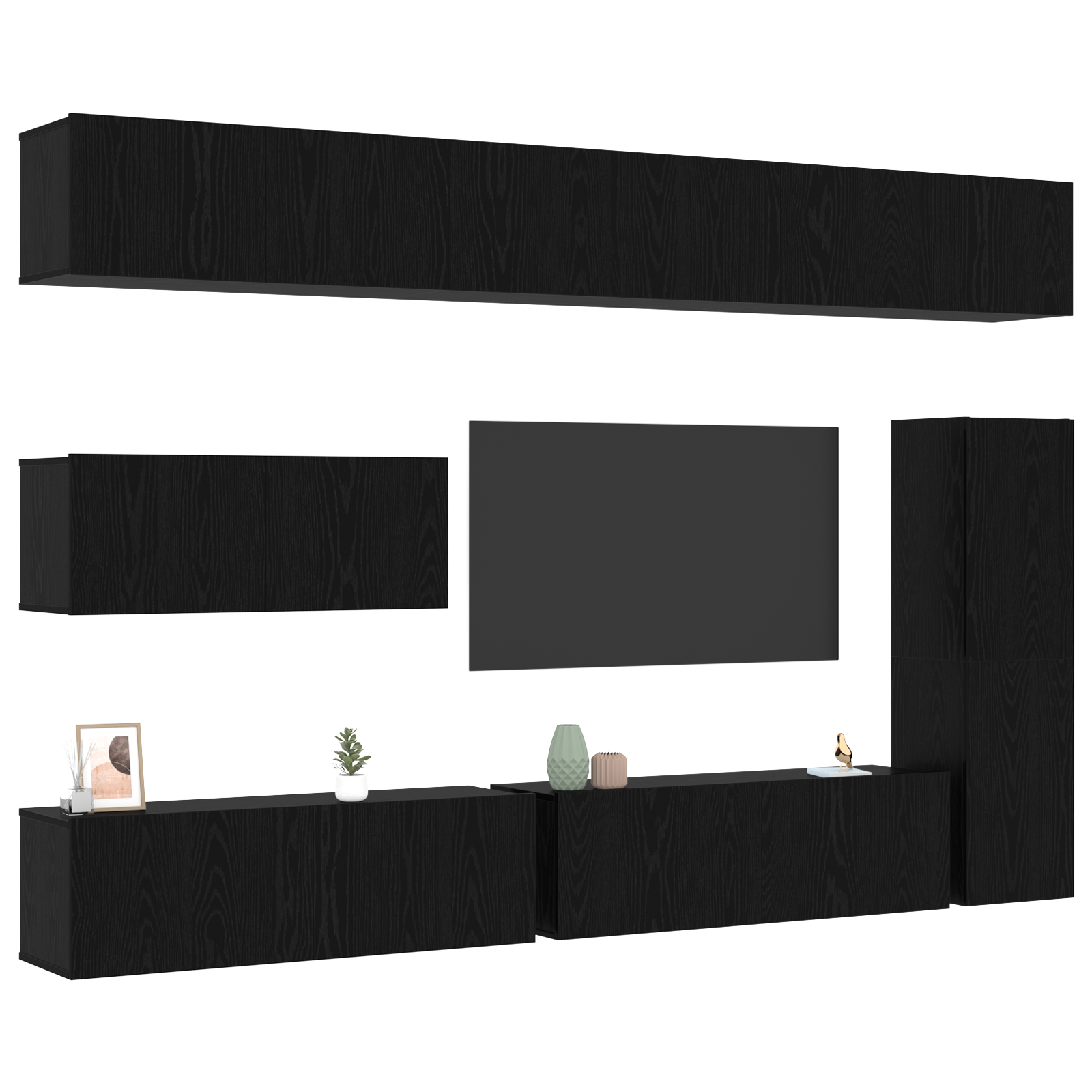 Set dulap TV de 7 piese montat pe perete Stejar Negru Lemn prelucrat GartenMobel Dekor