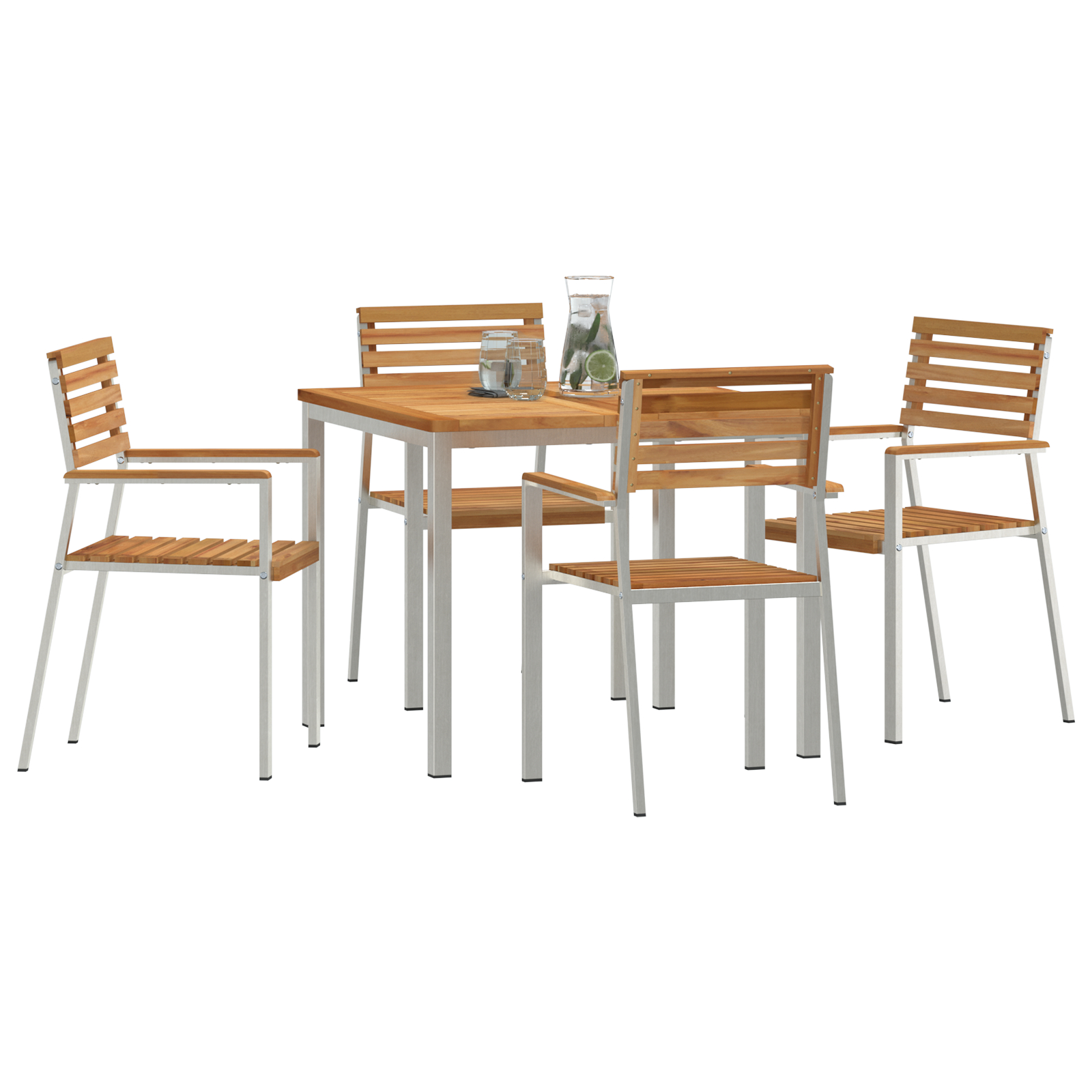 Set Masă Grădină  cu 5 Piese din Lemn Masiv de Tec, Masă Grădină  90x90x74.5 cm din Lemn Masiv de Tec, Scaune Grădină Stivuite  4 buc din Lemn Masiv de Tec și Oțel GartenMobel Dekor