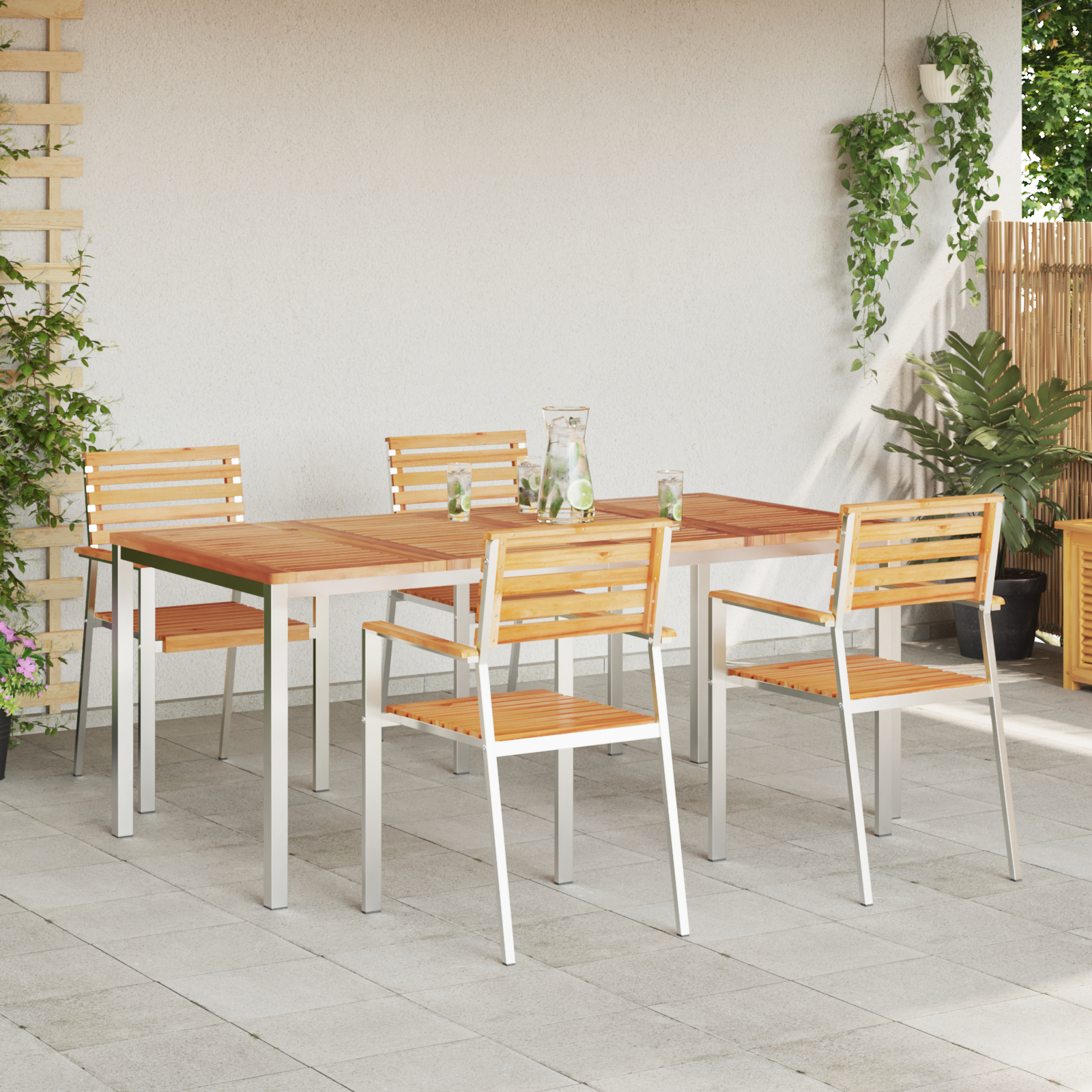 Set Mese Grădină  cu 5 piese din Lemn Masiv de Tec, Masa Zahar Exterior  180x90x75 cm din Lemn Masiv de Tec, Scaune Grădină Stivuite 4 bucăți din Lemn Masiv de Tec și Oțel GartenMobel Dekor