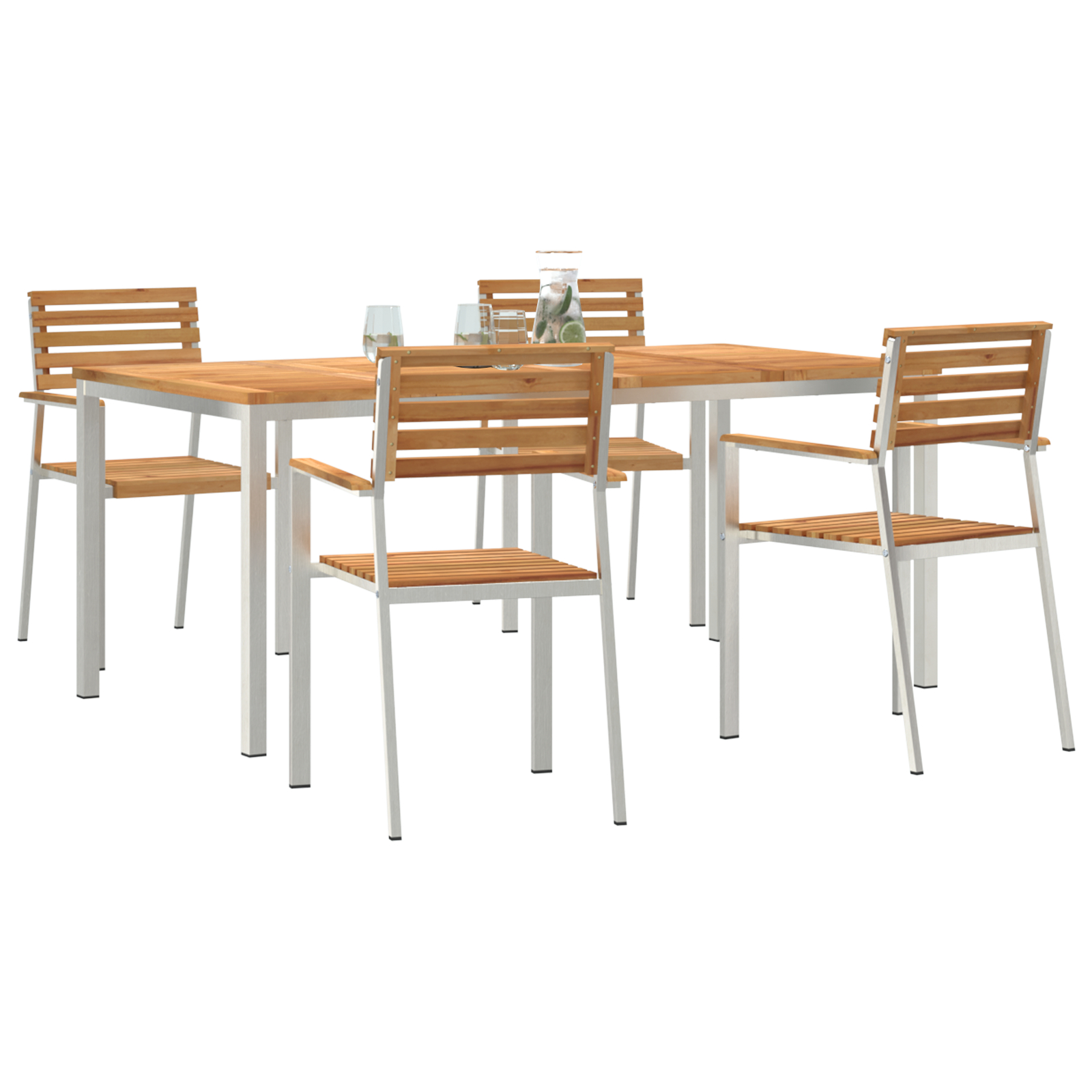 Set Mese Grădină  cu 5 piese din Lemn Masiv de Tec, Masa Zahar Exterior  180x90x75 cm din Lemn Masiv de Tec, Scaune Grădină Stivuite 4 bucăți din Lemn Masiv de Tec și Oțel GartenMobel Dekor