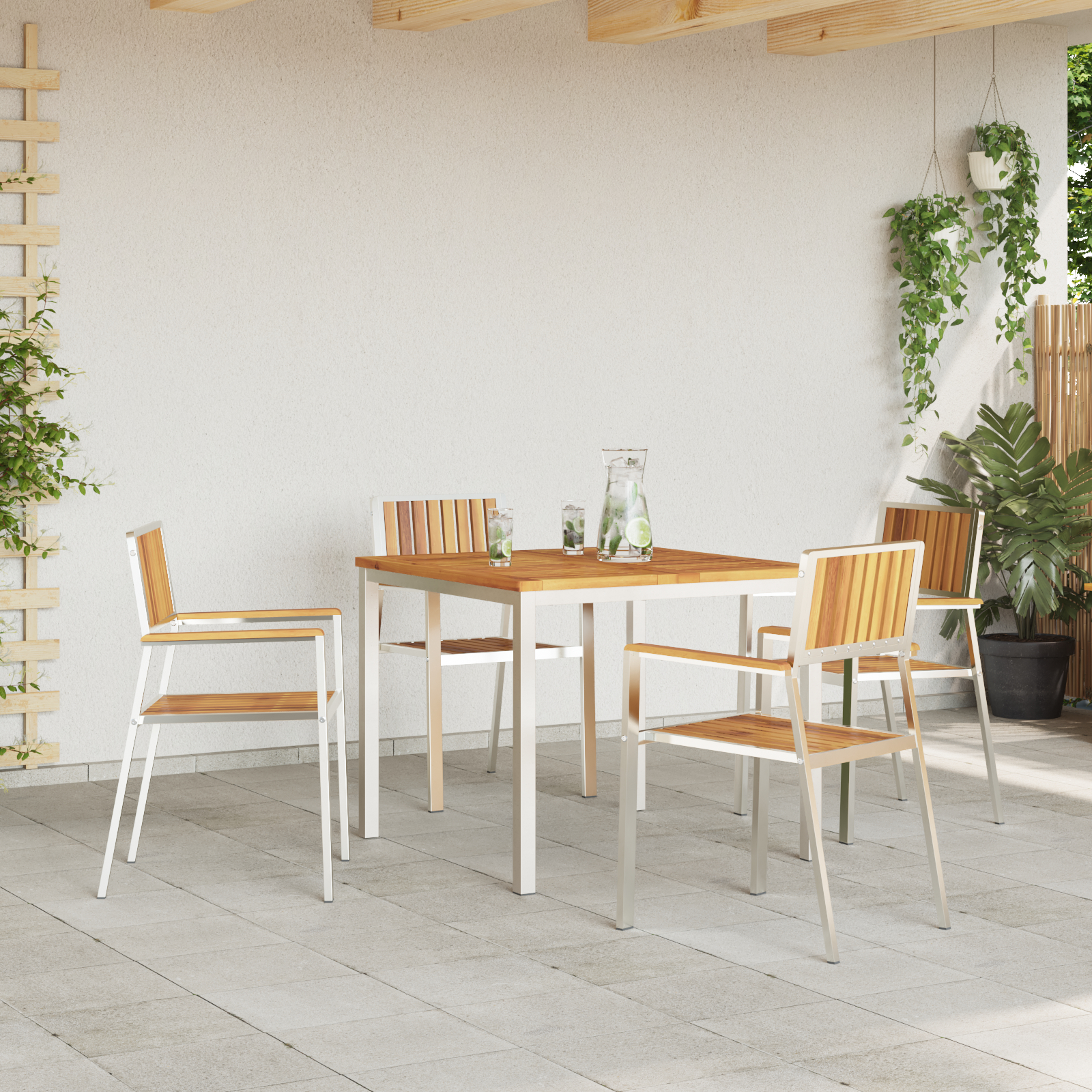 Set de Masă pentru Grădină  5 Piese din Lemn Solid de Acacia, Masă de Exterior  90x90x74.5 cm din Lemn Solid de Acacia, Scaune de Grădină Stackable 4 pcs din Lemn Solid de Acacia și Metal GartenMobel Dekor
